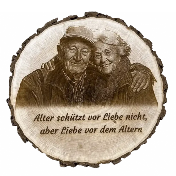 Personalisierte Baumscheibe mit Foto altern schützt vor Liebe nicht